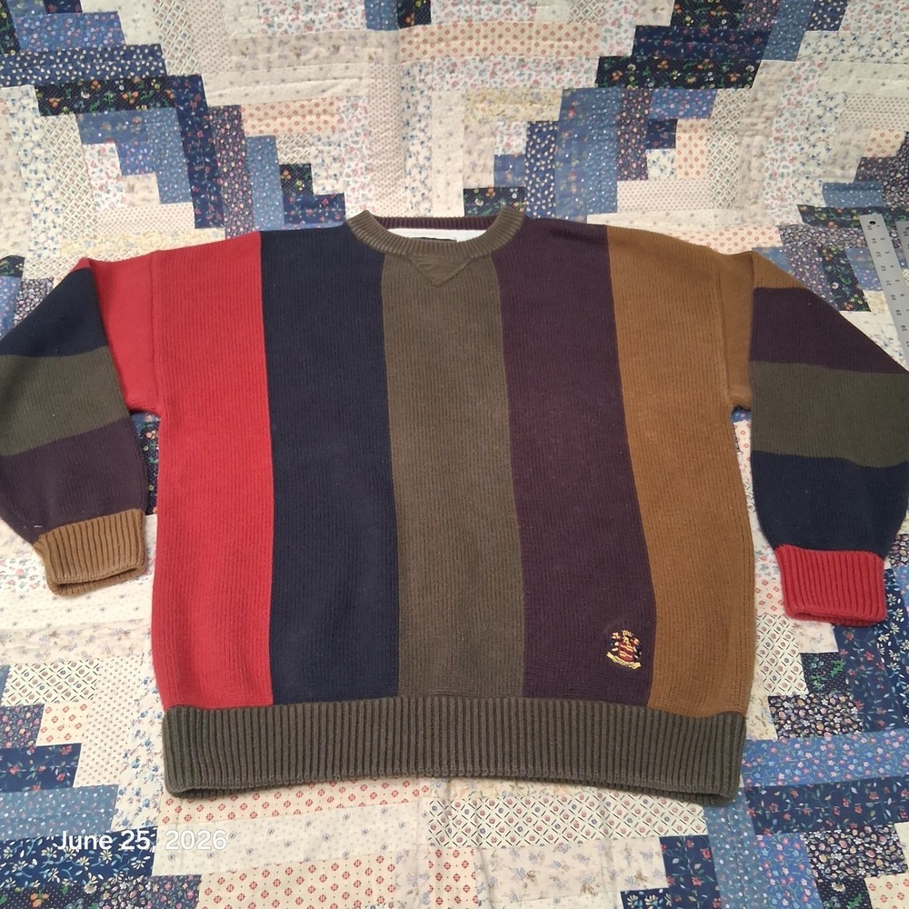 Woods & Gray Sweater Mens Size Large Wide Stripe Embroidered Rugby Style